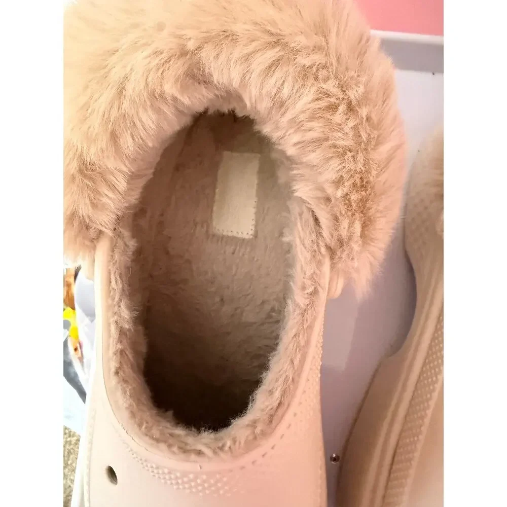 Crocs Classic Mammoth Luxe Lined Clog Bone Tan Faux Fur Women 11 / Men 9
